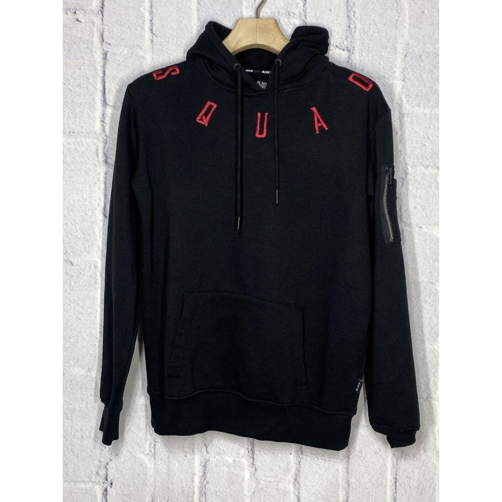 BLACK SQUAD Mens Hoodie Regular Fit Black Size M‎ Red Embroidery Sleeve Pocket